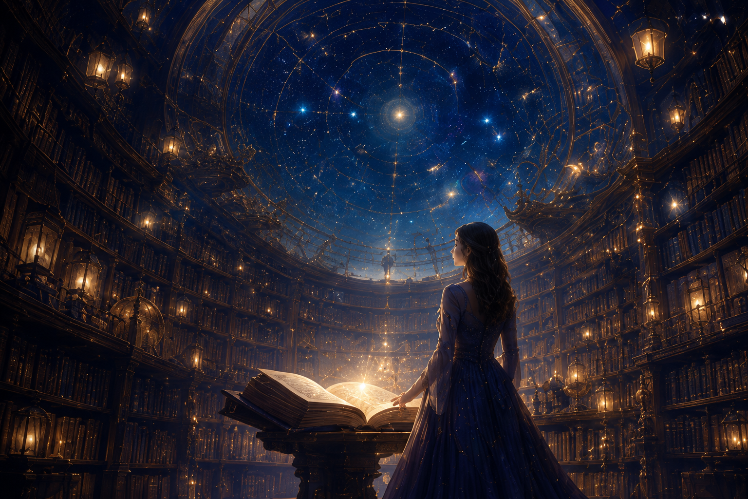 星降る図書館で光る本を見つめる女性の挿し絵