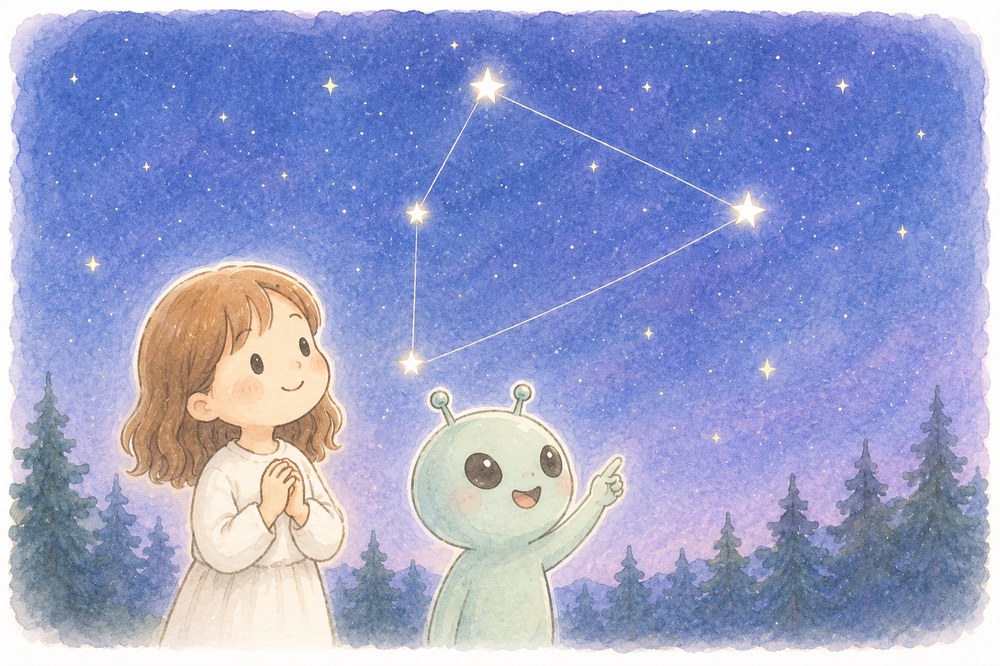 夏の大三角を眺めるゆかりさんと宇宙人のイラスト