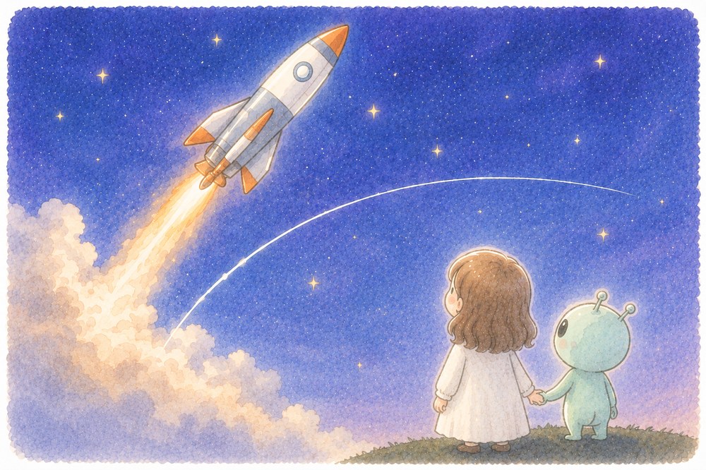 ロケットの軌道を見つめるゆかりさんと宇宙人のイラスト
