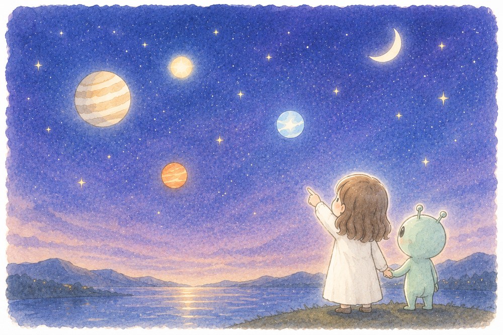 惑星が並ぶ宇宙を見上げるゆかりさんと宇宙人のイラスト