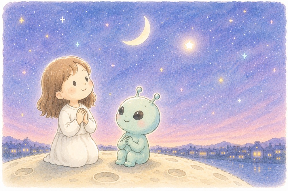 月と金星を眺めるゆかりさんと宇宙人のイラスト