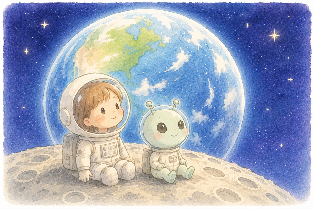 宇宙から青い地球を眺めるゆかりさんと宇宙人のイラスト