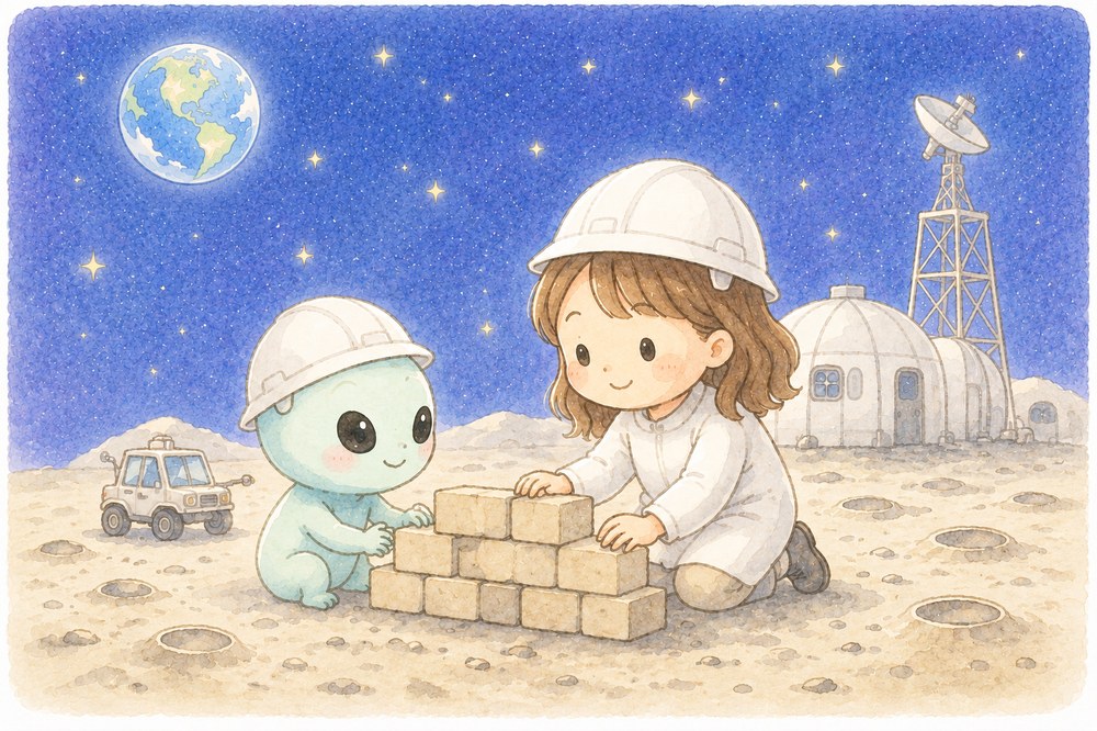 月基地へ向かう準備をするゆかりさんと宇宙人のイラスト