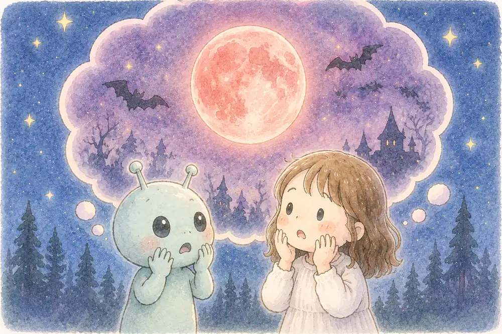 ストロベリームーンを見上げるゆかりさんと宇宙人のイラスト