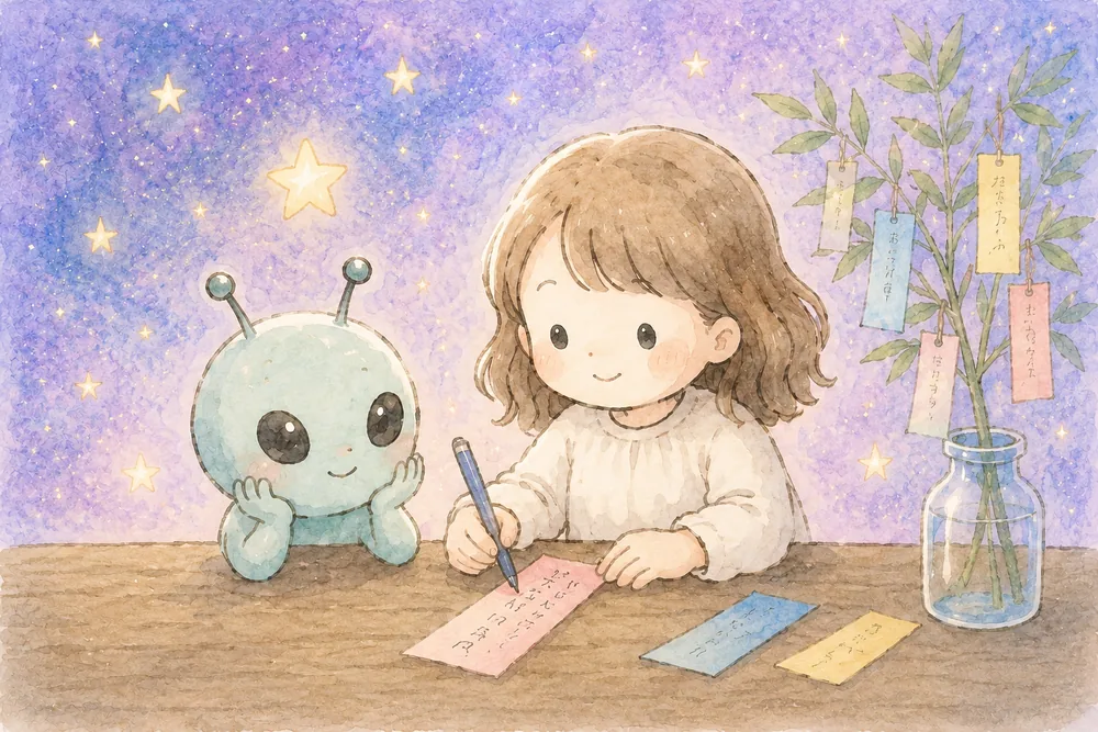 七夕の短冊に願いごとを書く宇宙人とゆかりさんのイラスト