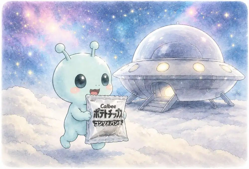 宇宙的なパッケージのポテトチップスを、地球に行って買ってきたアルルのイラスト