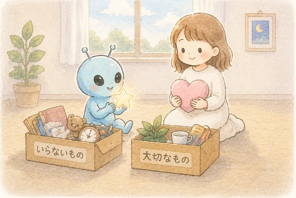 大切なものといらないものを選別する、ゆかりさんとアルルのイラスト