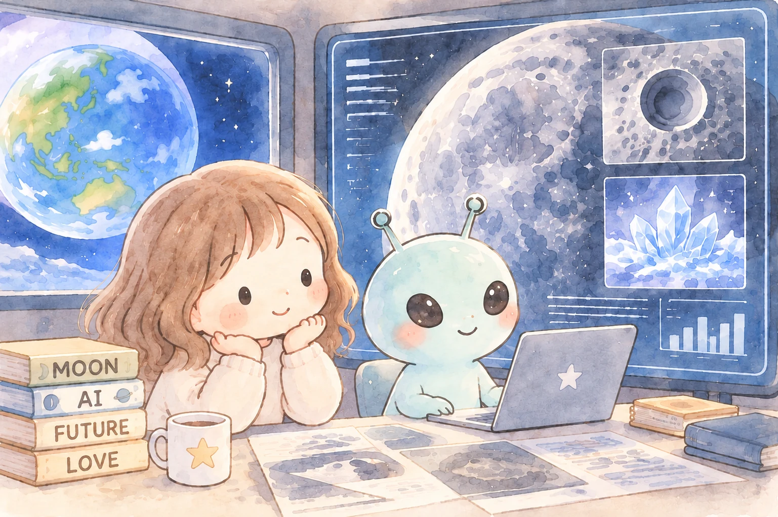 AIを駆使して月を探索するゆかりさんとアルルのイラスト