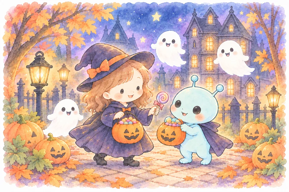 ハロウィンを楽しむゆかりさんとアルルのイラスト